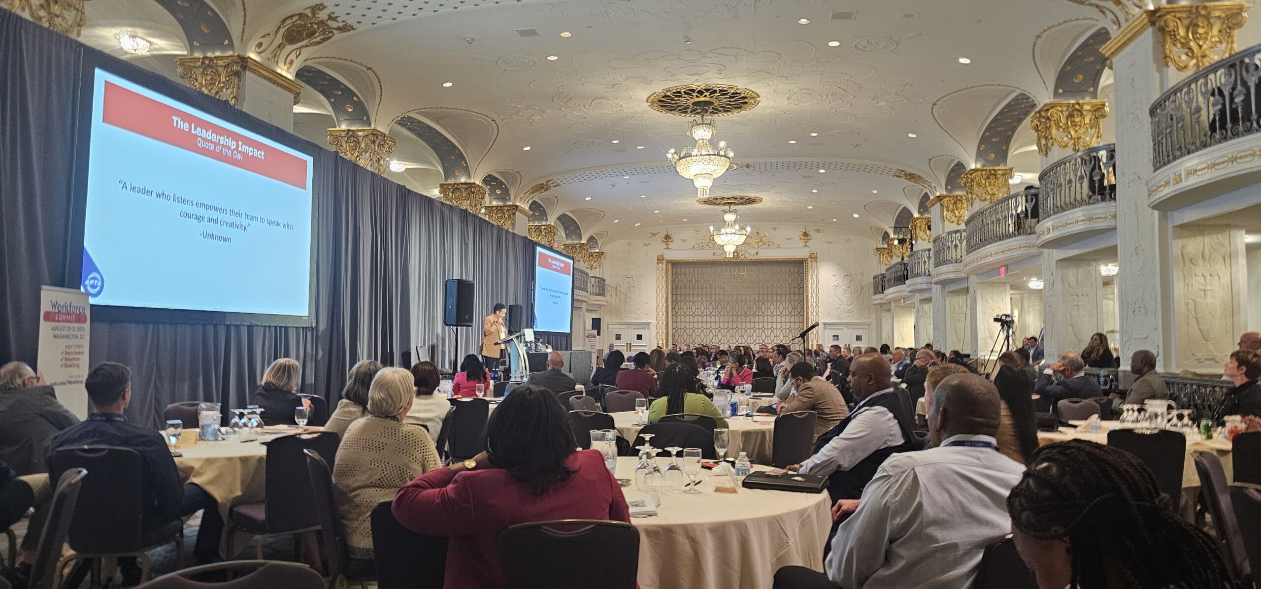 A gathering of people in the main ballroom of the Mayflower hotel during the APTA Workforce Summit