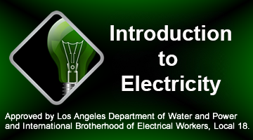 Intro to Electricity Course graphic. Green light bulb on green and black background